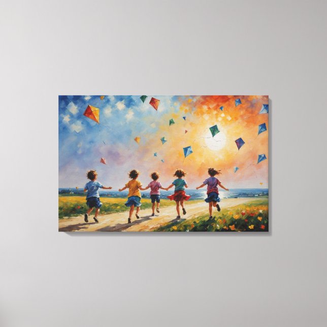 Lienzo un grupo de niños corriendo con cometas (Anverso)