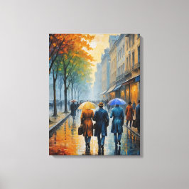 Lienzo un grupo de personas caminando en una calle húmeda