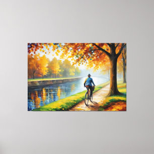 Lienzo un hombre en bicicleta por un camino a orillas de 