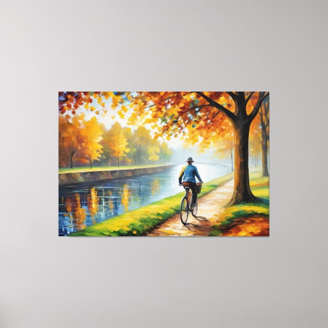 Lienzo un hombre en bicicleta por un camino a orillas de  (Anverso)