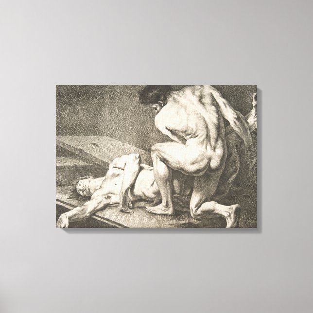 Lienzo Un hombre levanta las piernas de otro hombre (Anverso)