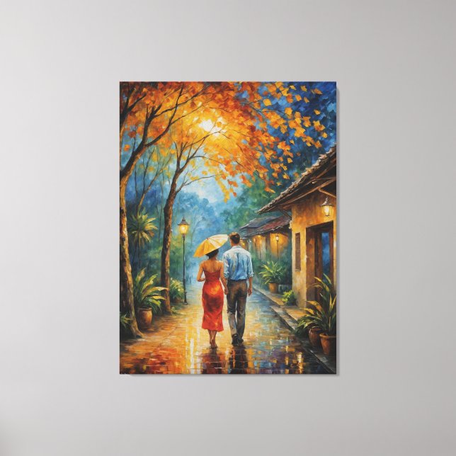 Lienzo un hombre y una mujer caminando por la acera (Anverso)