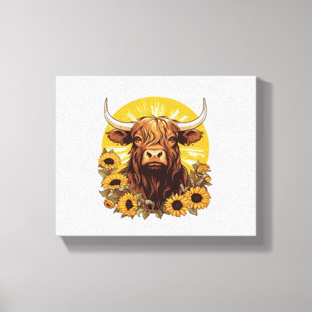 Lienzo Un Ilustracion de vaca de Highland con Sunflowers  (Anverso)