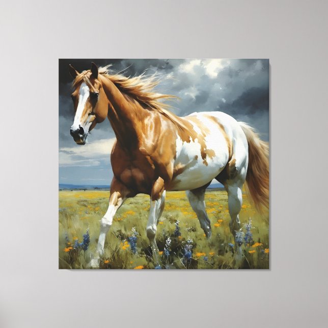 Lienzo Un magnífico caballo de Pinto en la pradera (Anverso)