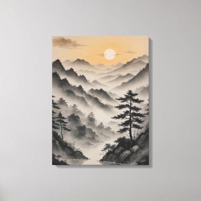 Lienzo un paisaje montañoso con árboles y niebla (Anverso)