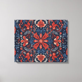 Lienzo un patrón de flores y hojas azul rojo