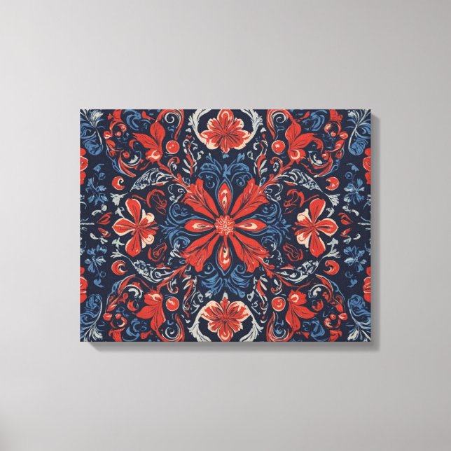 Lienzo un patrón de flores y hojas azul rojo (Anverso)