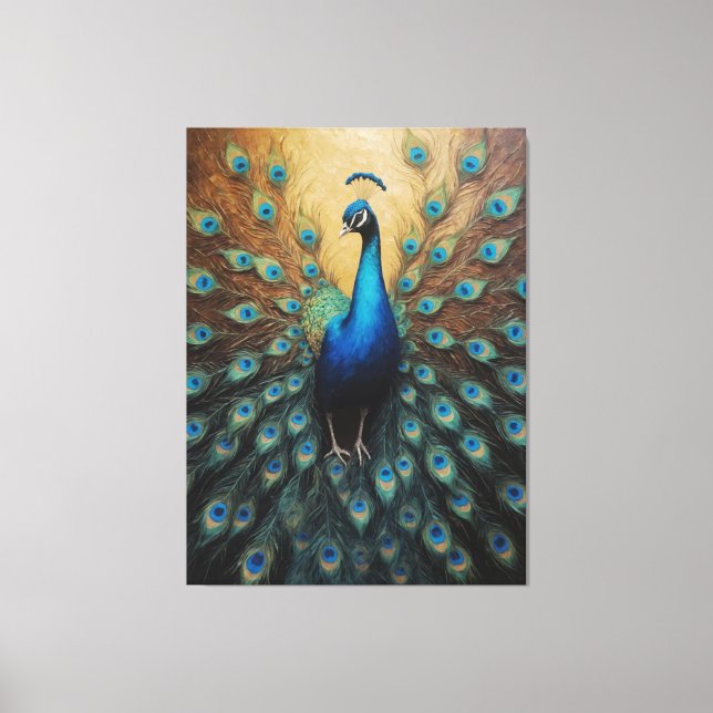 Lienzo un pavo real con sus plumas de cola extendidas (Anverso)