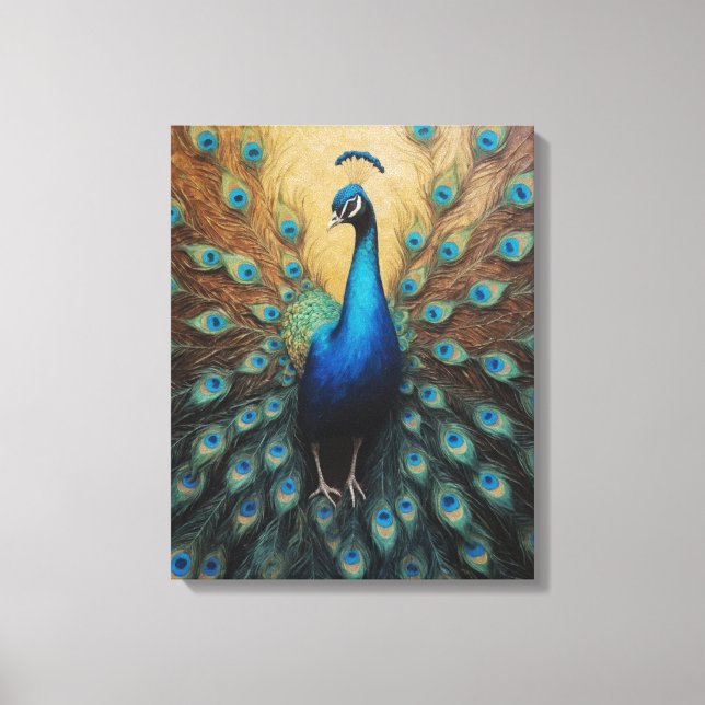Lienzo un pavo real con sus plumas de cola extendidas (Anverso)