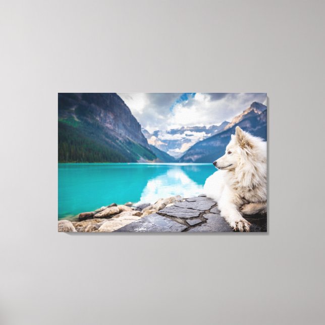 Lienzo Un perro blanco sentado sobre una formación rocosa (Anverso)