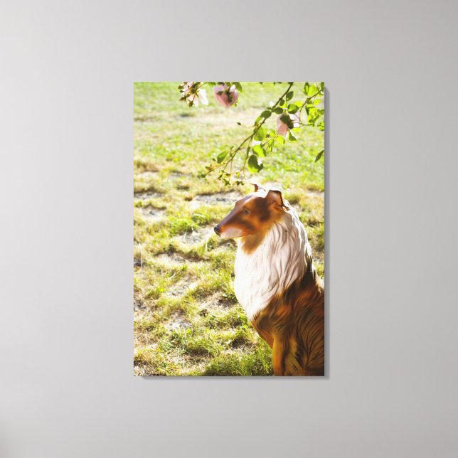 Lienzo Un perro de plástico en un jardín. (Anverso)