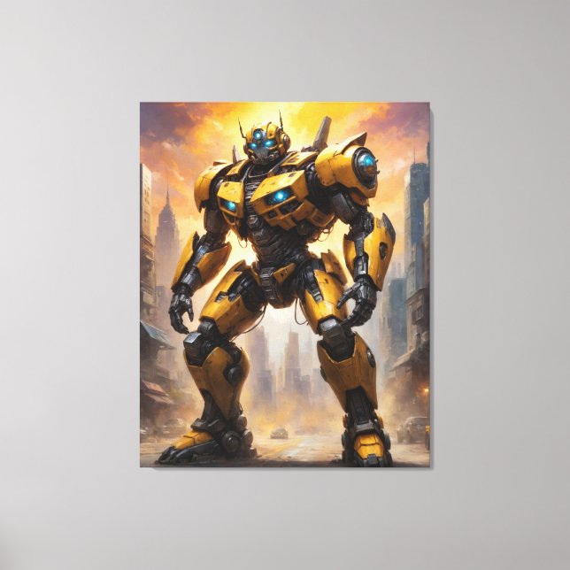 Lienzo un robot amarillo en una pintura de la ciudad (Anverso)