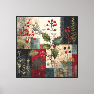 Lienzo Un rustico patchwork invernal de bayas de acebo