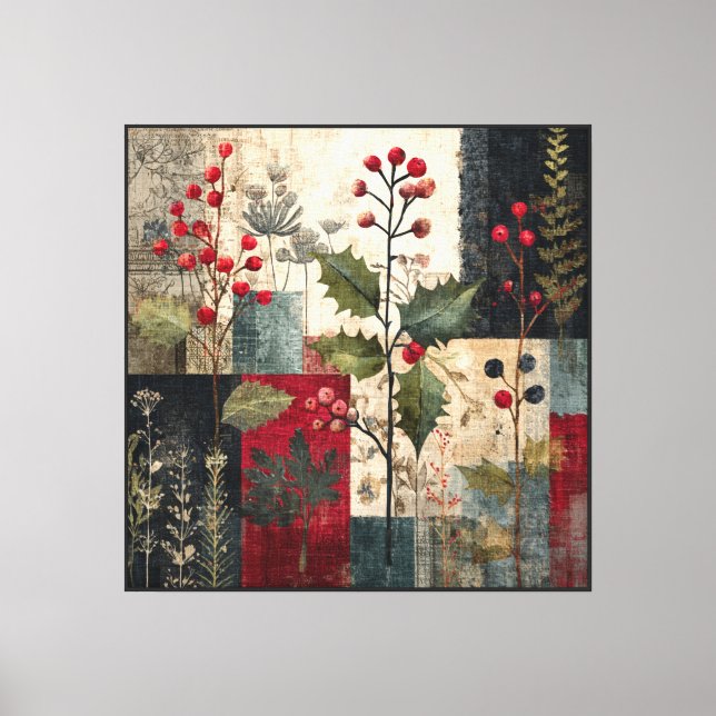 Lienzo Un rustico patchwork invernal de bayas de acebo (Anverso)