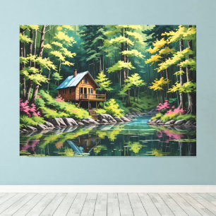 Lienzo Una cabaña en un tranquilo lago tranquilo