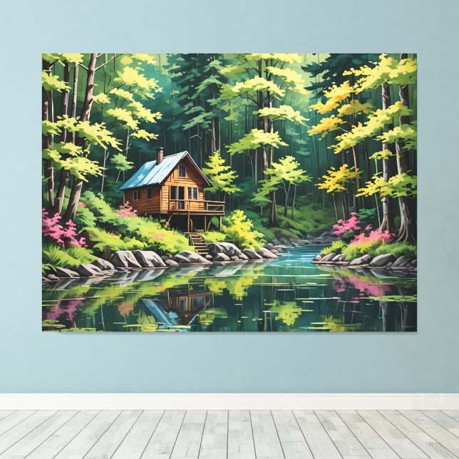 Lienzo Una cabaña en un tranquilo lago tranquilo (Insitu (piso de madera))