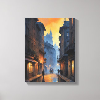 Lienzo una calle con edificios y gente caminando sobre el