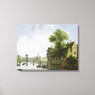 Lienzo Una ciudad en un río con un puente