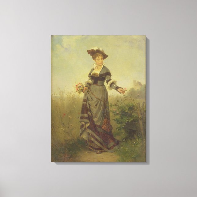 Lienzo Una dama recogiendo flores en un paisaje (panel) (Anverso)