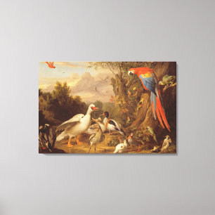 Lienzo Una macana, patos, loros y otras aves en tierra