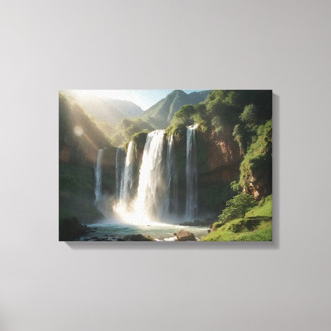 Lienzo Una majestuosa cascada rodeada de vegetación (Anverso)