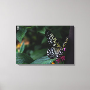 Lienzo Una mariposa amarilla sobre flores rosadas