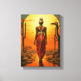 Lienzo Una mujer africana caminando por el desierto atard