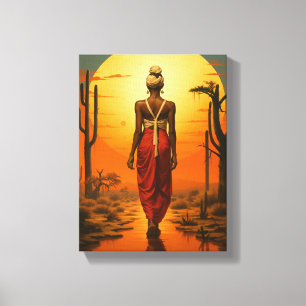 Lienzo Una mujer africana caminando por el desierto atard