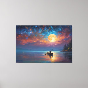 Lienzo una persona en un bote en el agua con luna llena
