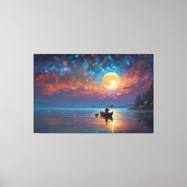 Lienzo una persona en un bote en el agua con luna llena (Anverso)