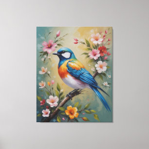 Lienzo una pintura de un pájaro en una rama con flores