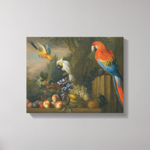 Lienzo Una vida quieta con fruta, loros y un coco