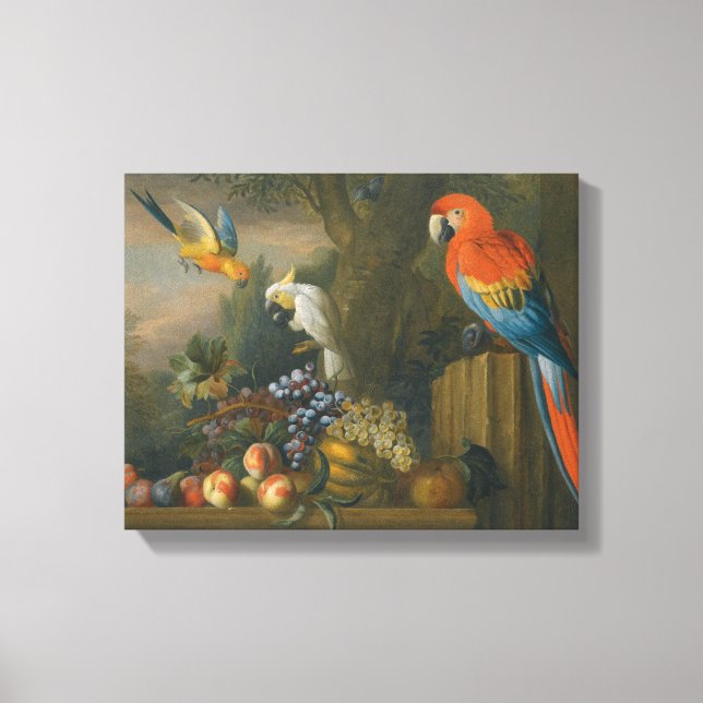 Lienzo Una vida quieta con fruta, loros y un coco (Anverso)