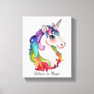 Lienzo Unicornio acuarela con pelo de arco iris