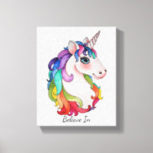 Lienzo Unicornio acuarela con pelo de arco iris