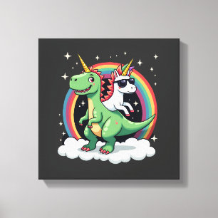 Lienzo Unicornio de Arcoíris montando T rex - Dinosaurio