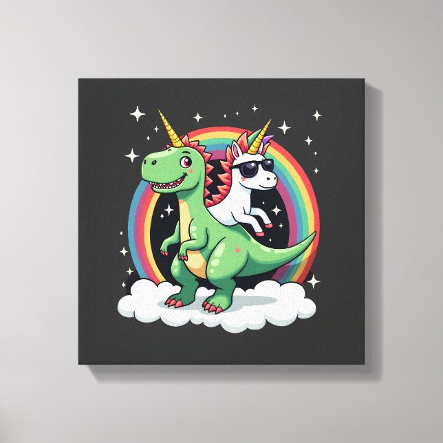 Lienzo Unicornio de Arcoíris montando T rex - Dinosaurio  (Anverso)