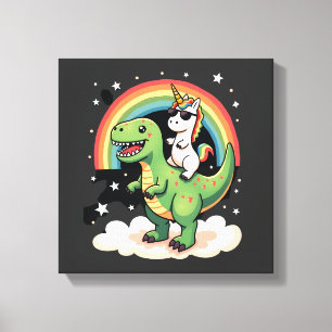 Lienzo Unicornio de Arcoíris Montando T rex - Dinosaurio