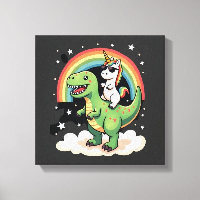 Lienzo Unicornio de Arcoíris Montando T rex - Dinosaurio  (Anverso)