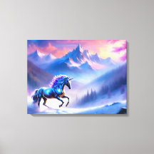 Unicornio negro en un paisaje invernal de ensueño
