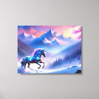 Lienzo Unicornio negro en un paisaje invernal de ensueño