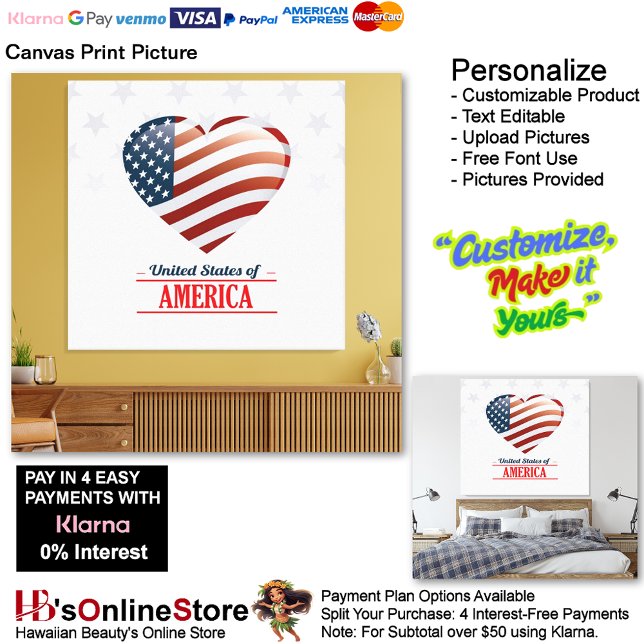 Lienzo United States of America Flag Heart 11 Picture  (United States of America Flag Heart Canvas Print Picture 11.)
