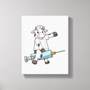 Lienzo Vaca como enfermera con corazón y jeringas
