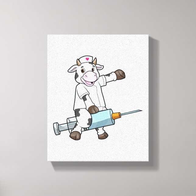 Lienzo Vaca como enfermera con corazón y jeringas (Anverso)