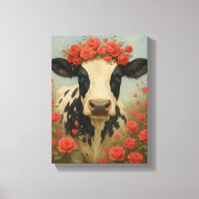 Lienzo Vaca con corona rosa roja en flor (Anverso)