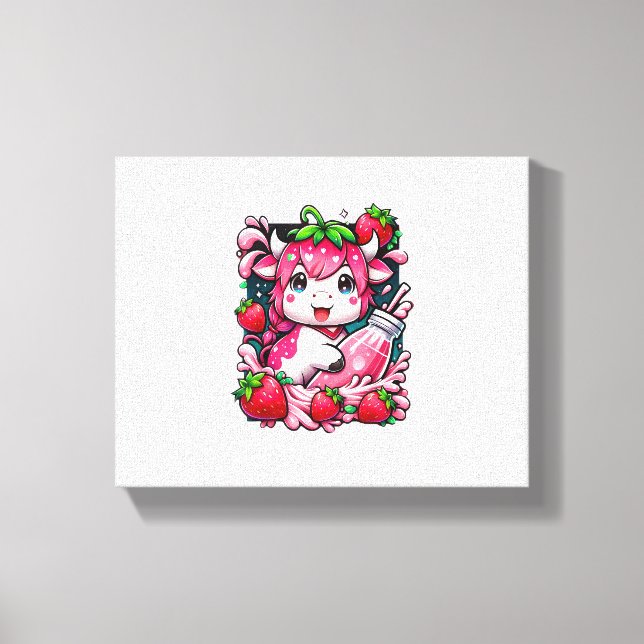 Lienzo Vaca de fresa Kawaii Anime Fresa Leche (Anverso)