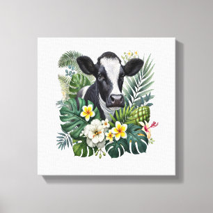Lienzo Vaca en selva floral Png, Vaca tropical