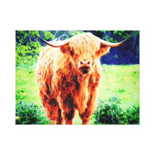 Lienzo Vaca Highland con pinturas de acuarela de Cuernos
