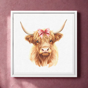 Lienzo Vaca Highland con un estilo de color de agua rosad