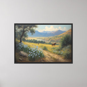 Lienzo Valle montañoso con caballos y flores azules 